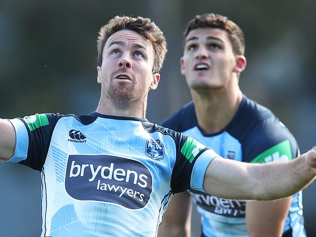 James Maloney and Nathan Cleary during NSW State of Origin training at the new NSWRL Centre of Excellence training ground at Homebush. Picture. Phil Hillyard