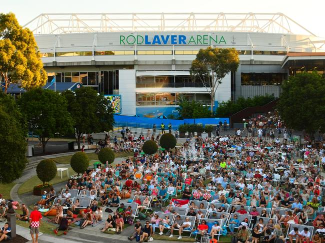 MELBOURNE, AUSTRALIA - JANUARY 28:  General view of crowd in garden square during Men's singles final match between Roger Federer of Switzerland and Marin Cilic of Croatia on day 14 of the 2018 Australian Open at Melbourne Park on January 28, 2018 in Melbourne, Australia.  (Photo by Vince Caligiuri/Getty Images)