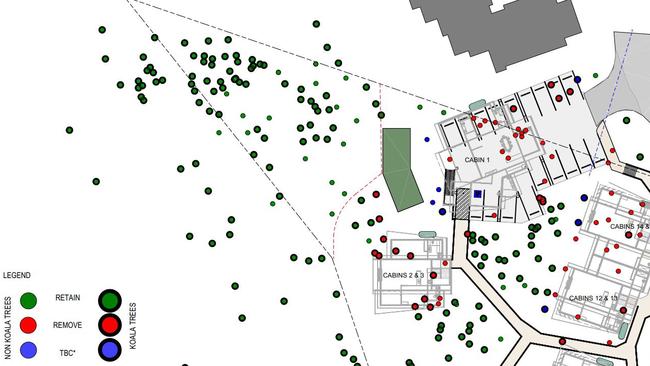 The tree clearing plan that was submitted as part of a development application to build 15 self-contained cabins at the RACV Noosa, in Noosa Heads.