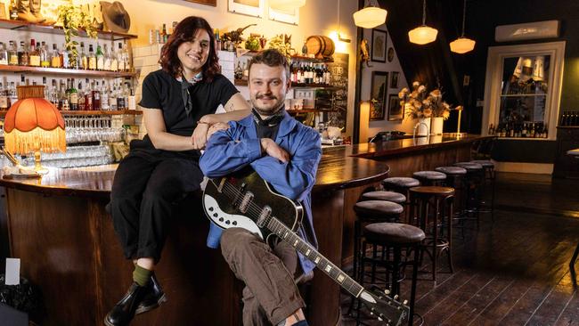 Dylan Nettleton and Stacey Costopoulos in their newly-opened Port Adelaide bar, 10 Gallon Hat. Picture: Kelly Barnes