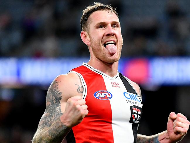 MELBOURNE, AUSTRALIA - JULY 20: Tim Membrey of the Saints celebrates kicking a goal during the round 19 AFL match between St Kilda Saints and West Coast Eagles at Marvel Stadium, on July 20, 2024, in Melbourne, Australia. (Photo by Josh Chadwick/AFL Photos/via Getty Images)