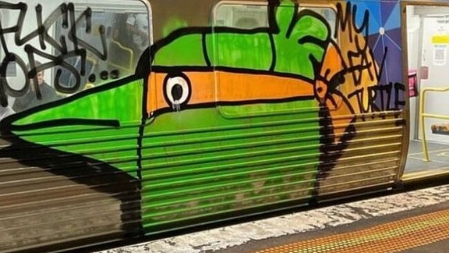 A ninja turtle themed ‘Pam the Bird’ spotted on a train in Melbourne. Picture: Just another bird Instagram