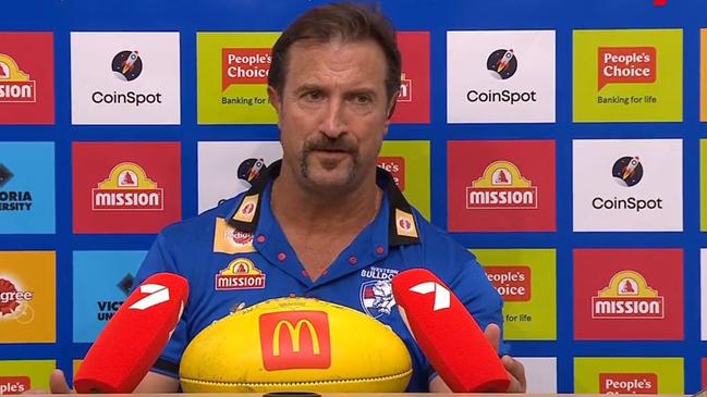 Luke Beveridge during his post match press conference tirade. Picture: Twitter