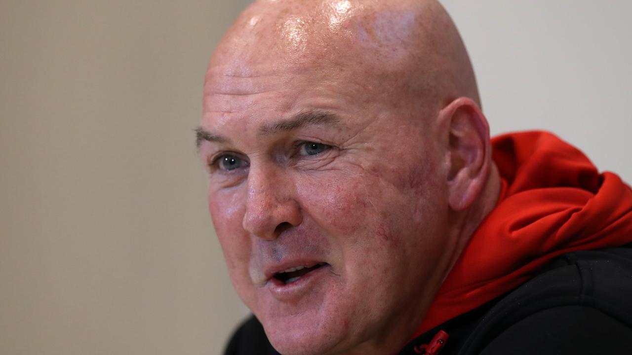 SYDNEY, AUSTRALIA - AUGUST 14: Dragons coach Paul McGregor talks to the media at a press conference following the round 14 NRL match between the Parramatta Eels and the St George Illawarra Dragons at Bankwest Stadium on August 14, 2020 in Sydney, Australia. (Photo by Mark Kolbe/Getty Images)