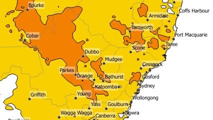 Heatwave warning for NSW. Orange areas denote a severe heatwave and yellow denotes low intensity. Picture: Bureau of Meteorology