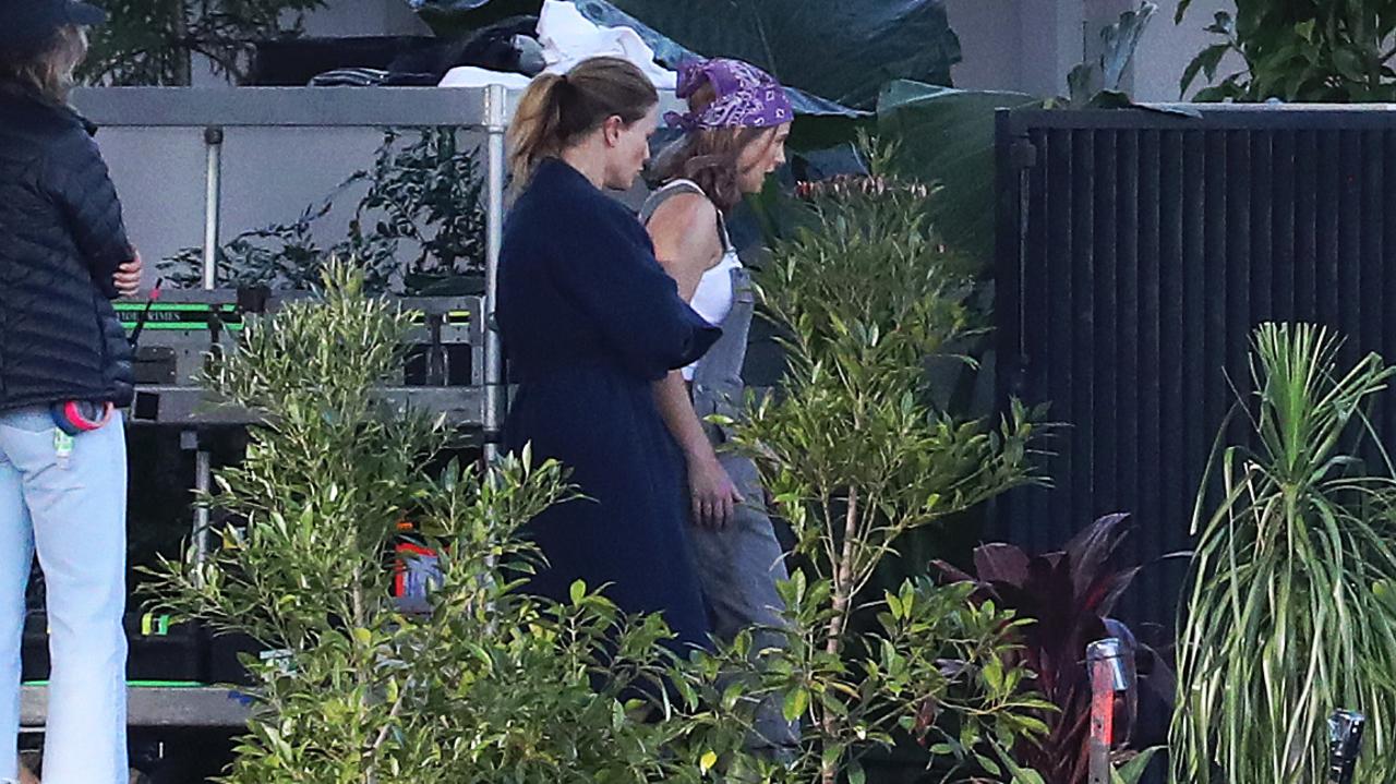 Anna Paquin and Teagan Croft (pink head scarf) on the set of "True Spirit" on the Gold Coast. Picture: Nigel Hallett