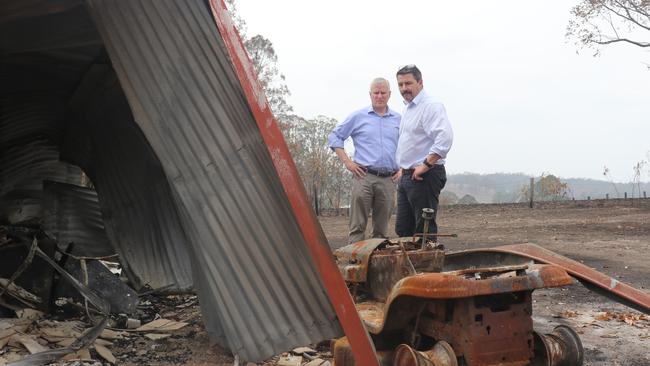 Deputy PM Michael McCormack and Cowper MP Pat Conaghan assess the bushfire damage at a property in Willawarrin on the Mid North Coast.