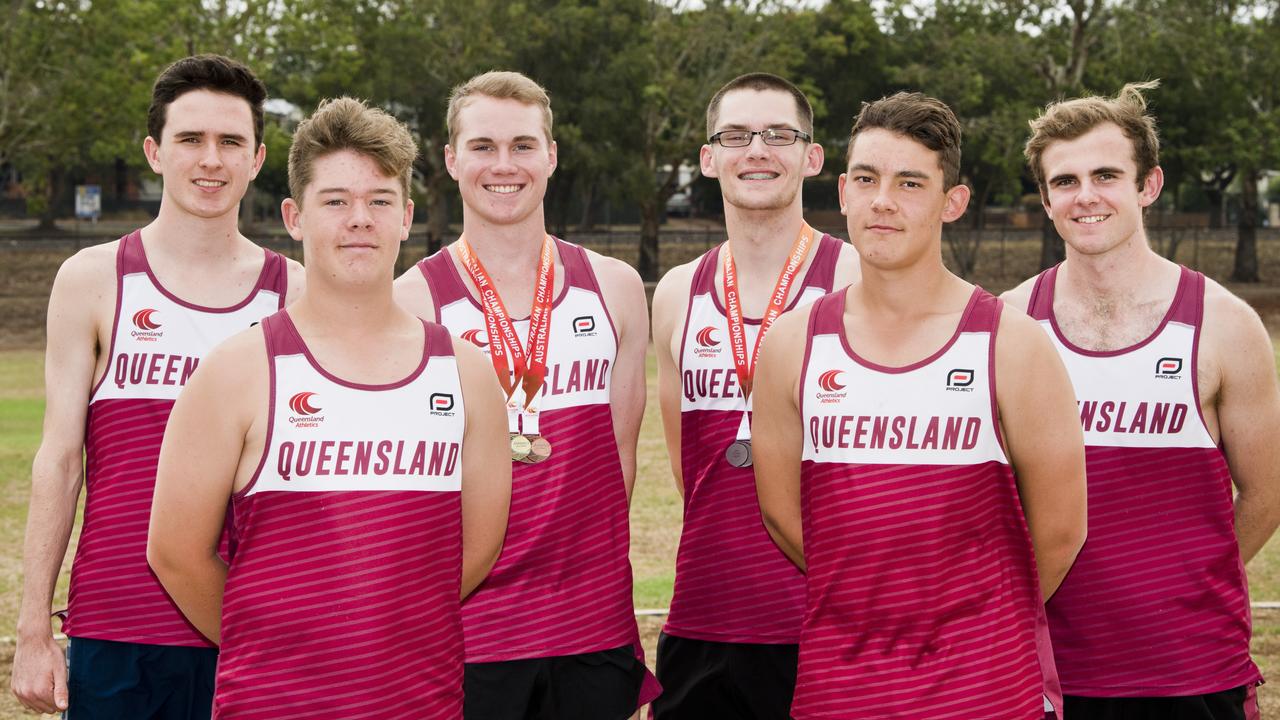 Darling Downs Athletics Club members (from left) Nick Coonan, Ewald Kruger, Harry Callow, Mason Hughes, Wihan Kruger and William Gilmore all competed strongly at this month’s All Schools National Championships in Perth. Picture: Nev Madsen