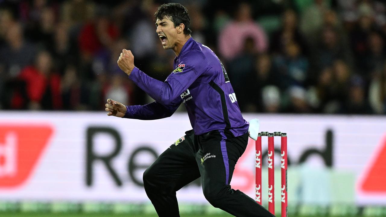 Paddy Dooley of the Hurricanes celebrates the wicket of Faf Du Plessis of the Scorchers. Getty