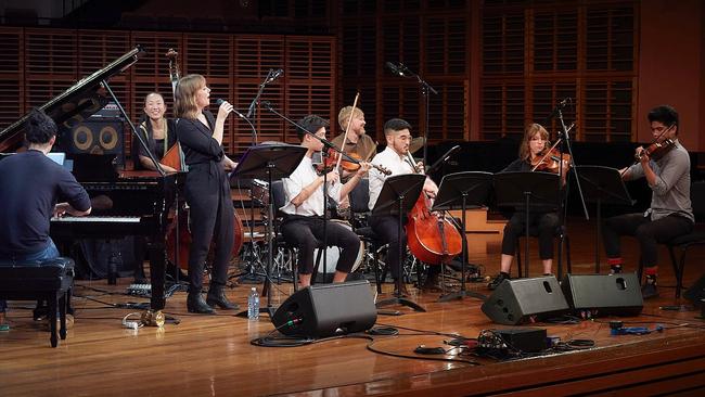 Fabian Almazan, Linda May Han Oh, Jo Lawry and Ben Vanderwal with the student quartet. Picture: Shane Rozano