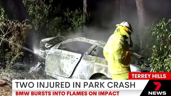 The car in which Lachlan Hargreaves, 25, of Newport, was driving that struck a tree, at Church Point, caught fire and badly burned a friend in the passenger seat. He was convicted in Manly Local Court on Wednesday of one count of grievous bodily harm caused by negligent act and driving on a suspended licence. Picture: 7News