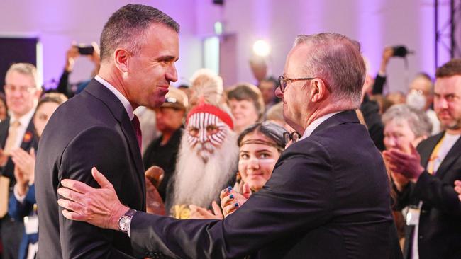 Premier Peter Malinauskas is congratulated by Prime Minister Anthony Albanese after delivering his speech. Picture: NCA NewsWire / Brenton Edwards