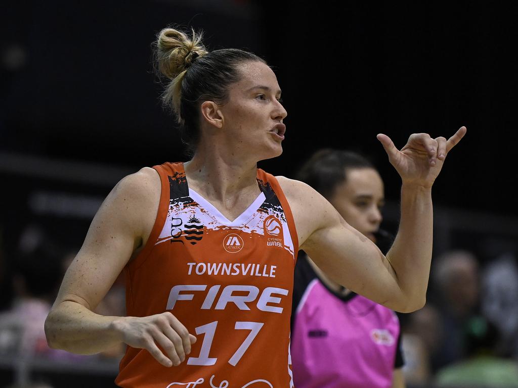 Sami Whitcomb of the Fire gestures during an WNBL match last season. Picture: Getty Images