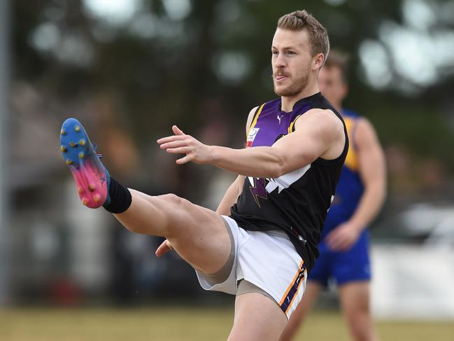 Eastern FL: Noble Park v Norwood football at Pat Wright Senior Oval. Norwood #7 Zak Carroll  kicks another goal. Picture: AAP/ Chris Eastman