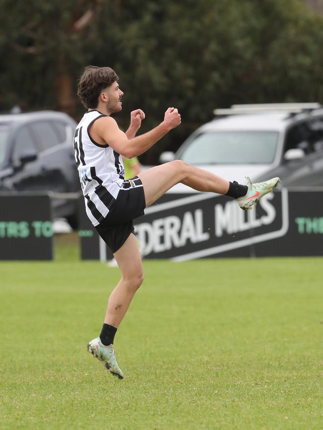 North Geelong's Osca Riccardi kicks for goal. Picture: Alan Barber