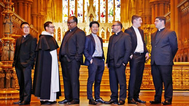 New priests (from left) William Chow, William Loh, Moises Tapia, John Jang, Miguel Perez, Joseph Murphy and Ronnie Maree. Pictures: Sam Ruttyn, Brendan Read