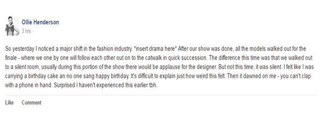 Model Olivia ‘Ollie’ Henderson's Facebook post earlier this week about her experience at fashion week.