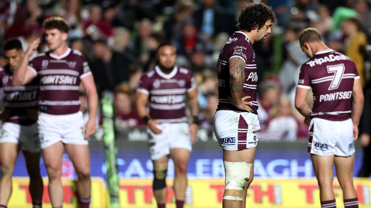 Manly are out of finals contention after suffering their fifth-straight loss. Picture: Cameron Spencer/Getty Images