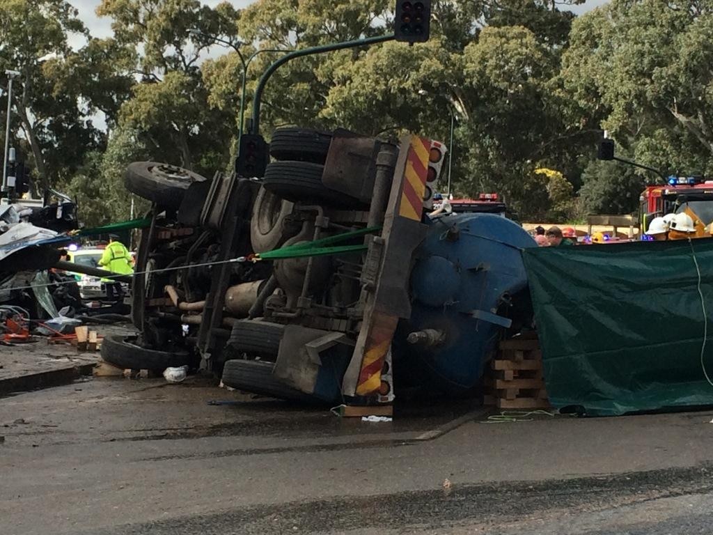 The truck on its side. Picture: Sam Kelton