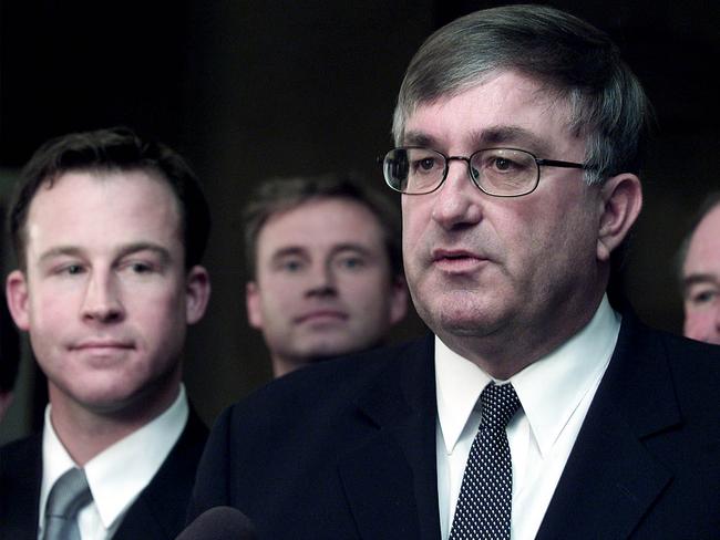 Politics Portrait Liberal Party leaders Will Hodgman left deputy leader and Rene Hidding Leader of the Opposition right Jeremy Rockliff and Michael Hodgman behind