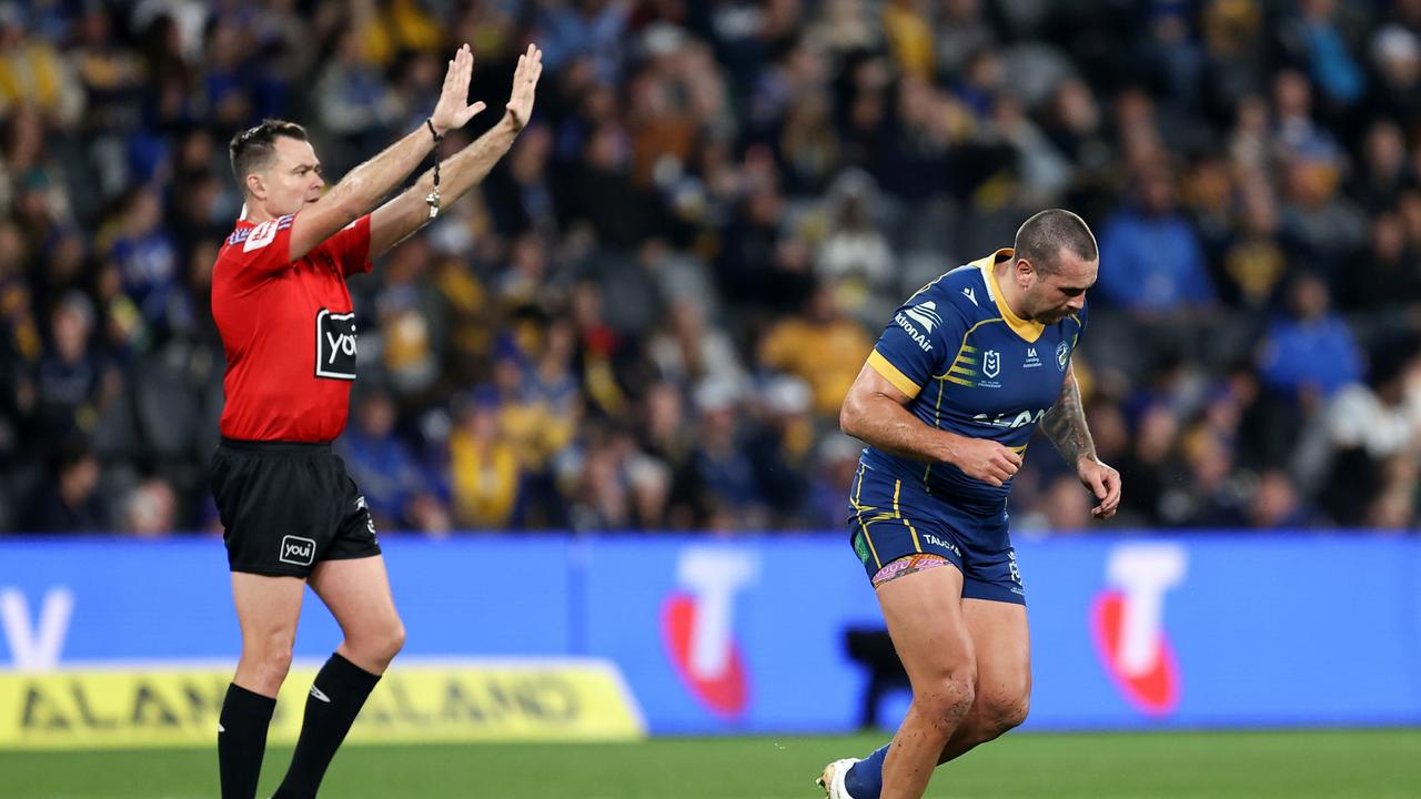 Reagan Campbell-Gillard will miss the next four matches after he was suspended for dropping his knees into Chris Randall’s back as he made a tackle. Picture: Brendon Thorne/Getty Images