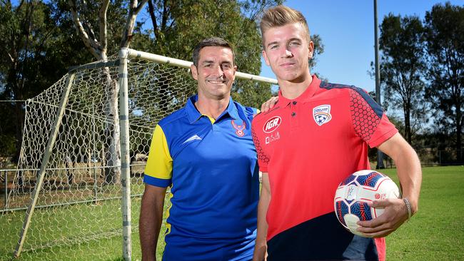 Adelaide United's Riley McGree with his first coach Chris Hodgson at Gawler Eagles, Evanston Gardens. picture: Bianca De Marchi