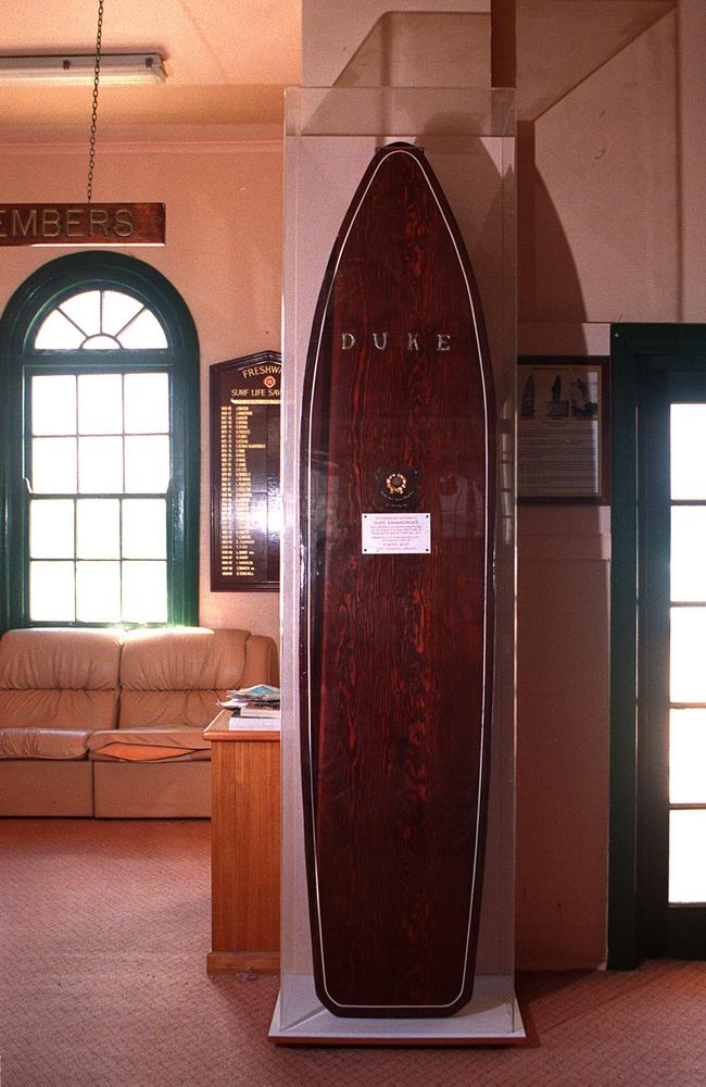 Duke Kahanamoku's surfboard displayed at the Freshwater Surf Lifesaving Club. Picture: Graham Hely