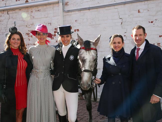 Melbourne Cup tour ambassador Michelle Payne (left to right), Lexus ambassador Kate Waterhouse, Flemington ambassador Georgia Connolly, and Melbourne Cup tour ambassadors Christine Bowman and jockey Hugh Bowman at the tour launch. Picture: AAP