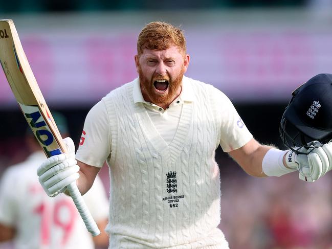 Australia's Jonny Bairstow celebrates reaching his century (100 runs) on day two of the fourth Ashes cricket Test match between Australia and England at the Sydney Cricket Ground (SCG) on January 6, 2022. (Photo by DAVID GRAY / AFP) / -- IMAGE RESTRICTED TO EDITORIAL USE - STRICTLY NO COMMERCIAL USE --