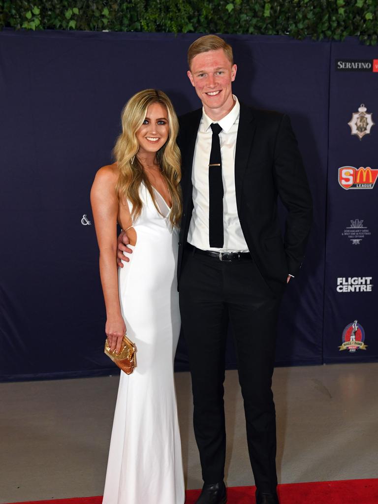 Alex Barns and Shannen Buckland on the red carpet ahead of the Magarey Medal presentation at Adelaide Oval.