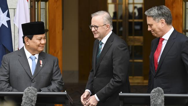 President-elect Prabowo Subianto, Prime Minister Anthony Albanese and Deputy Prime Minister and Defence Minister Richard Marles hold a press conference at Parliament House in Canberra. Picture: NewsWire/Martin Ollman