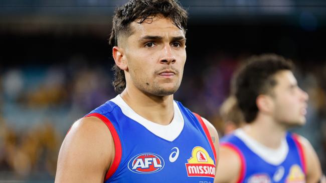 MELBOURNE, AUSTRALIA - SEPTEMBER 06: Jamarra Ugle-Hagan of the Bulldogs looks dejected after a loss during the 2024 AFL Second Elimination Final match between the Western Bulldogs and the Hawthorn Hawks at The Melbourne Cricket Ground on September 06, 2024 in Melbourne, Australia. (Photo by Dylan Burns/AFL Photos via Getty Images)