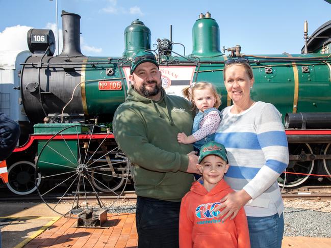 Passengers on the "Pride of Toowoomba" at Drayton Station, Tim McGrath and Linda Brandenbury with their children Archer and Amelia McGrath. Saturday May 18th, 2024 Picture: Bev Lacey