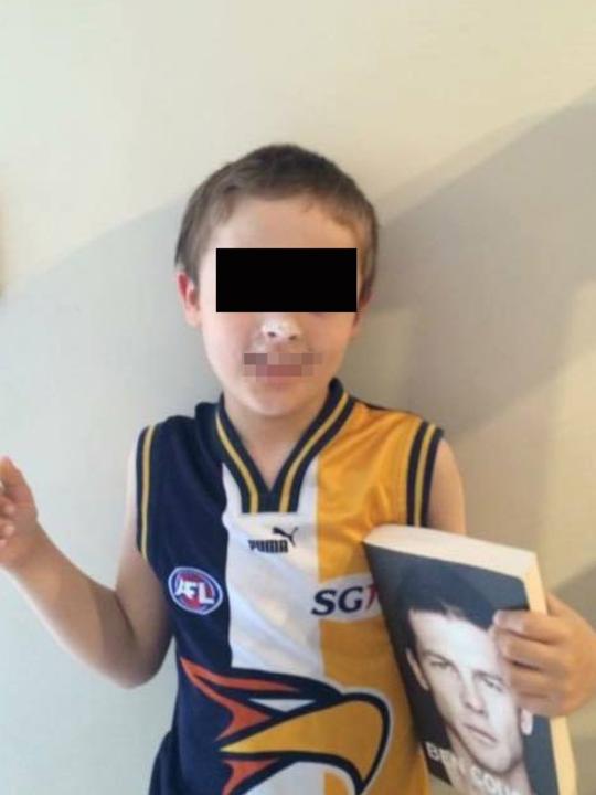 A Perth father was slammed for posting the uncensored version of this photo on Facebook. It shows his son dressed as former AFL player Ben Cousins — complete with white powder around his nose and eyes rolled back in his head.