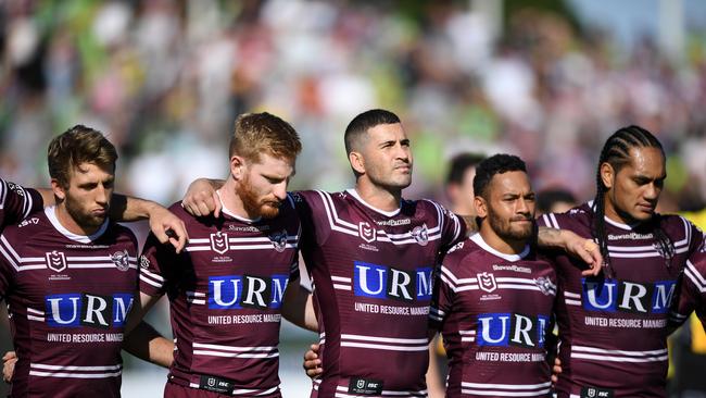 Brad Parker (2L) and Joel Thompson (centre) say Des Hasler helped the Sea Eagles rediscover their edge. Picture: AAP Image/Joel Carrett