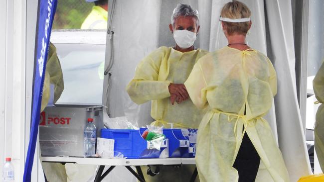 BYRON BAY , AUSTRALIA - NewsWire Photos March 30, 2021: QML Pathology Medical staff drivers and passengers at the pop up Covid Testing site at Cavanbah Sports Ground, Ewingsdale Road Byron Bay. Picture: NCA NewsWire / Scott Powick