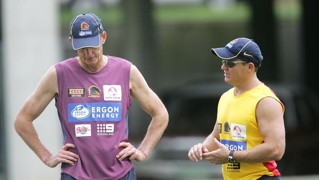 Wayne Bennett and Kevin Walters at Broncos training in 2005. Picture: PeterWallis