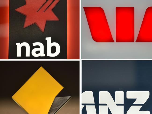 This combination of photos taken in Sydney on November 30, 2017 show the signs of the "big four" Australian banks (clockwise from top L) National Australia Bank (NAB, Westpac, ANZ and Commonwealth Bank. A wide-ranging inquiry into the Australian finance industry will be held after an admission by the country's top lenders on November 30 that it was needed to restore faith in the massively profitable banking sector after a string of scandals. / AFP PHOTO / PETER PARKS