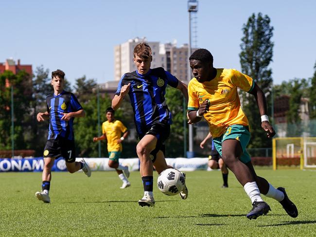 David Bolongi competes for the ball against Inter Milan Image Picture: Football Australia