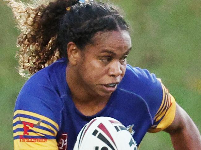 Roos captain Genavie Tabuai runs the ball in the Far North Queensland Rugby League (FNQRL) women's grand final match against the Atherton Roosters at Barlow Park. Picture: Brendan Radke