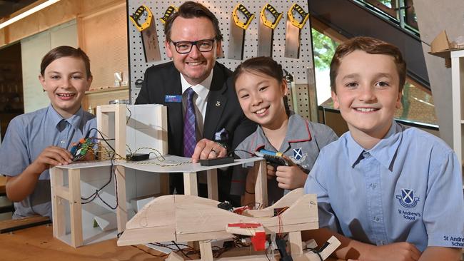 St Andrew's School principal Luke Ritchie with Year 5 students Enzo, 10, Ada, 10 and Hudson, 9. Picture: Keryn Stevens