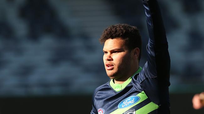 Brandan Parfitt puts his hand up for selection at Geelong training. Picture: Alison Wynd.