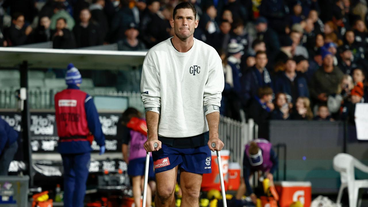 MELBOURNE, AUSTRALIA - JUNE 21: Tom Hawkins of the Cats is seen on crutches after the 2024 AFL Round 15 match between the Carlton Blues and the Geelong Cats at The Melbourne Cricket Ground on June 21, 2024 in Melbourne, Australia. (Photo by Michael Willson/AFL Photos via Getty Images)