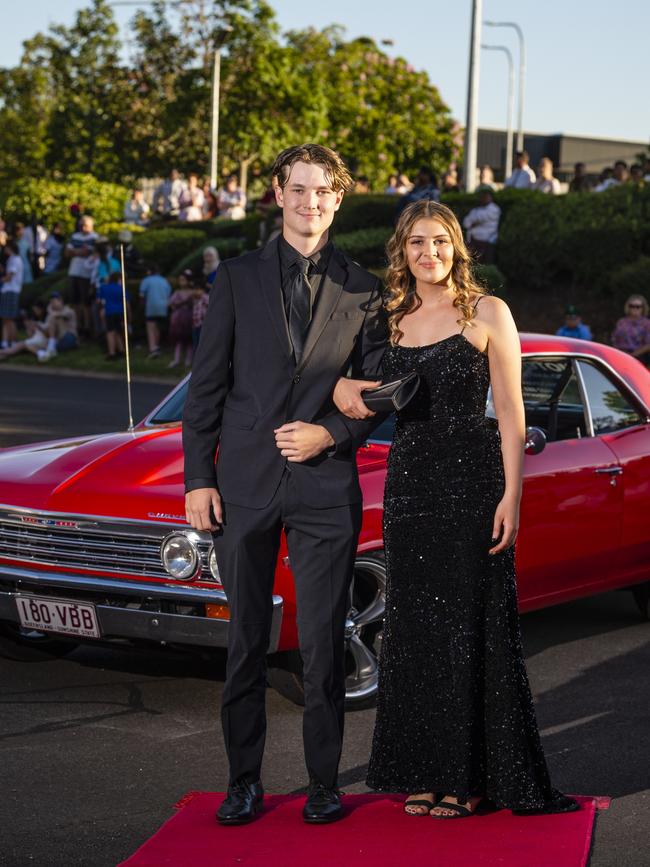 Riley Gierke and Ebony Stuart arrive at Harristown State High School formal at Highfields Cultural Centre, Friday, November 18, 2022. Picture: Kevin Farmer