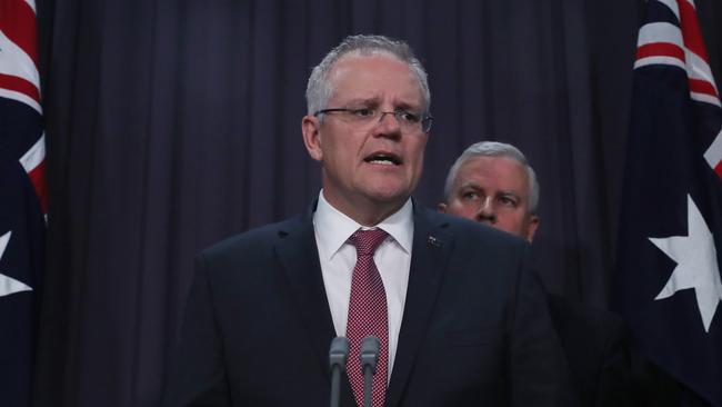 Scott Morrison with Michael McCormack at his shoulder. Picture: Gary Ramage