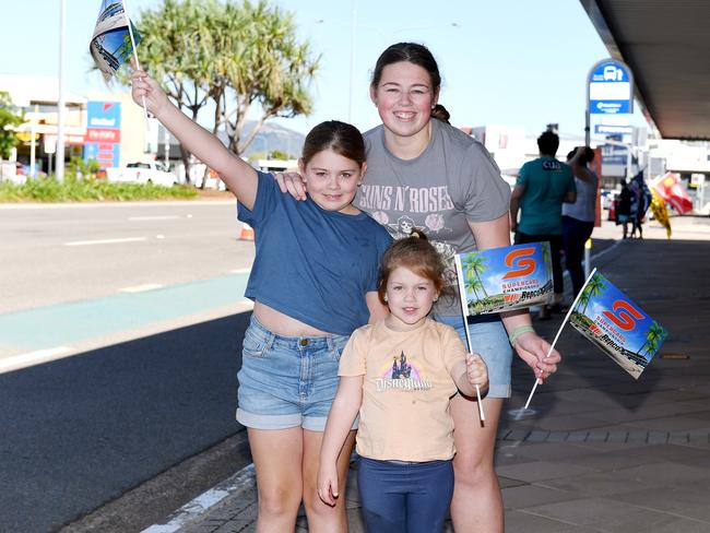 Ruby, 9, Amelia, 4, and Olivia, 15, Johnson, watch The Transporter Parade in Townsville. Picture: Shae Beplate.