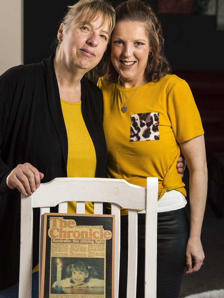 Kahler Baker with mum Leanne Rissman with an article from The Chronicle featuring a five-year-old Kahler. Picture: Kevin Farmer