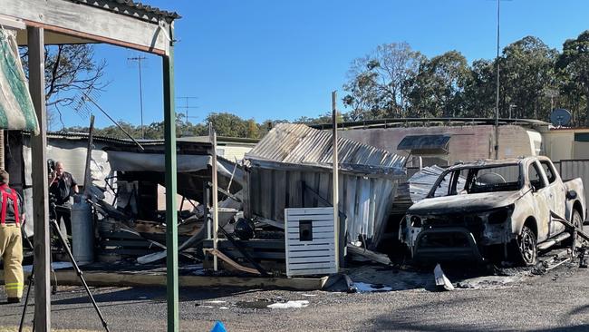 Only the letter box out the front remained unscathed after the fire engulfed the caravan. Picture: Richard Noone