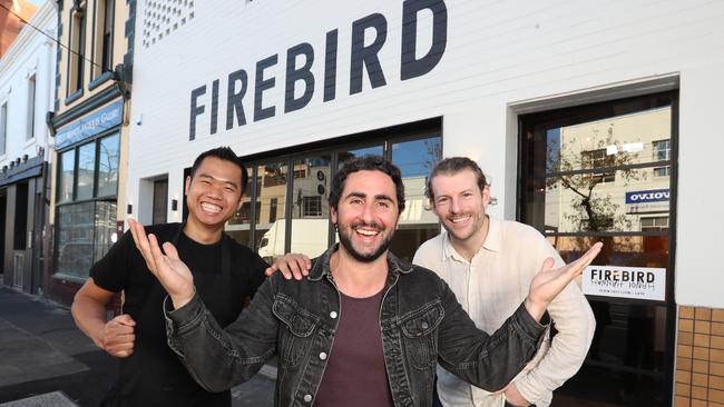 Simon Blacher, head of Commune Group, at his Prahran restaurant Firebird with chef Steven Ngo and business partner Charlie Rothery. Picture: Alex Coppel