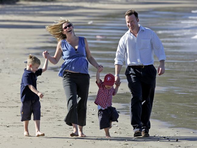 Liberal MHA and deputy leader of the Opposition Will Hodgman with his wife Nicky and sons William, 4, left, and James, 2, on Kingston Beach
